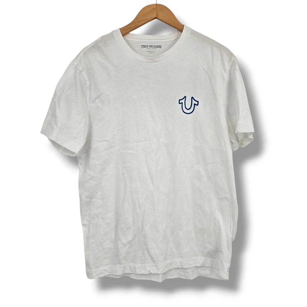True Religion Mens Relaxed Fit White Graphic T-Shirt Navy Horseshoe Logo Small